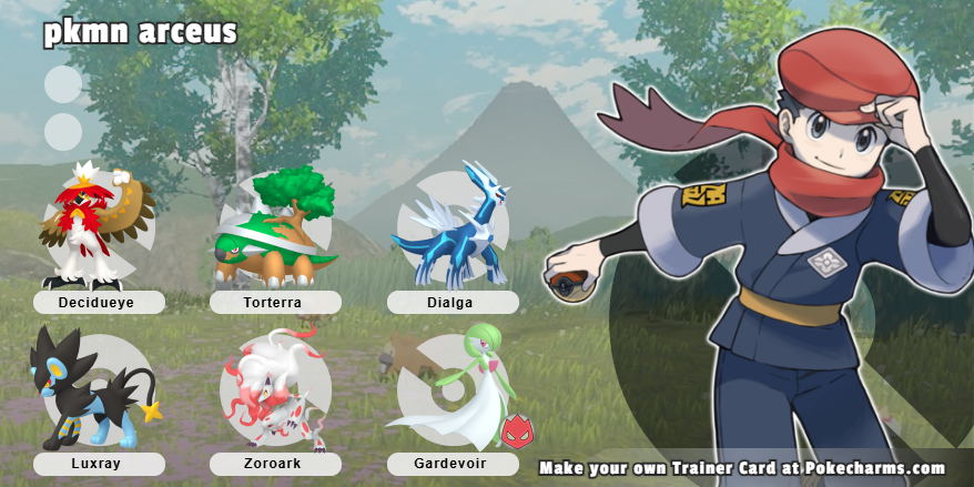 a pokemon trainer card with a male trainer on the right and the team on the left, the team has decidueye, torterra, dialga, luxray, zoroark and gardevoir