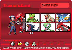 a pokemon trainer card with a male trainer on the left and the team on the right, the team has sceptile, blaziken, swampert, swellow, gardevoir and groudon