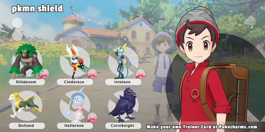 a pokemon trainer card with a male trainer on the right and the team on the left, the team has rillaboom, cinderace, inteleon, bolthound, hatterene and corviknight