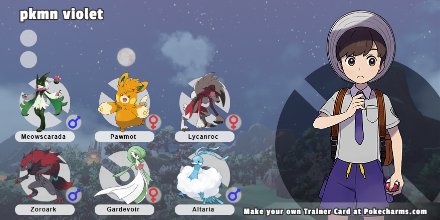 a pokemon trainer card with a male trainer on the right and the team on the left, the team has meowscarada, pawmot, lycanrock, zoroark, gardevoir and altaria